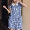Women Grid Print Casual Doll Collar Summer Short Sleeve Dress