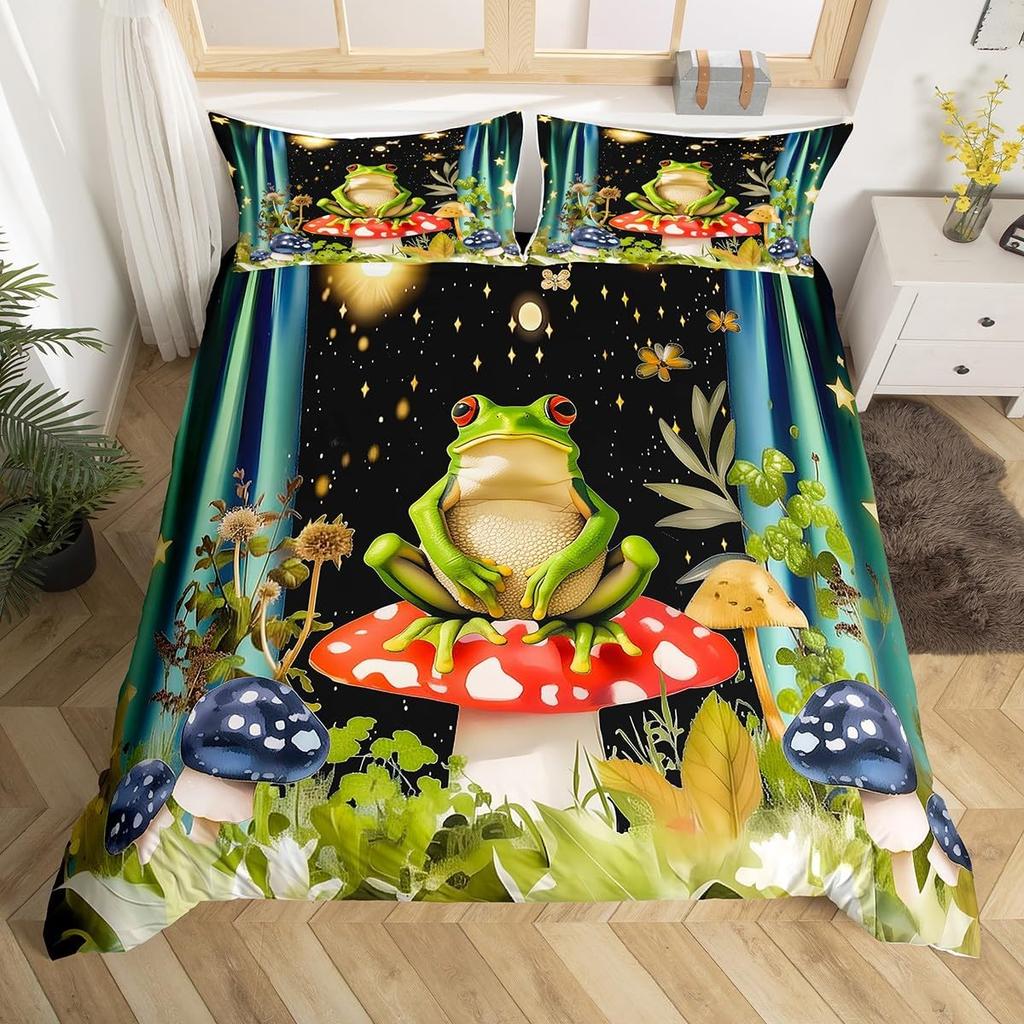 Kawaii Frog Print Duvet Cover Frog Mushrooms Comforter Cover Botanical Mushroom Twin Queen Bedding Set For Girl Teen Room Decor