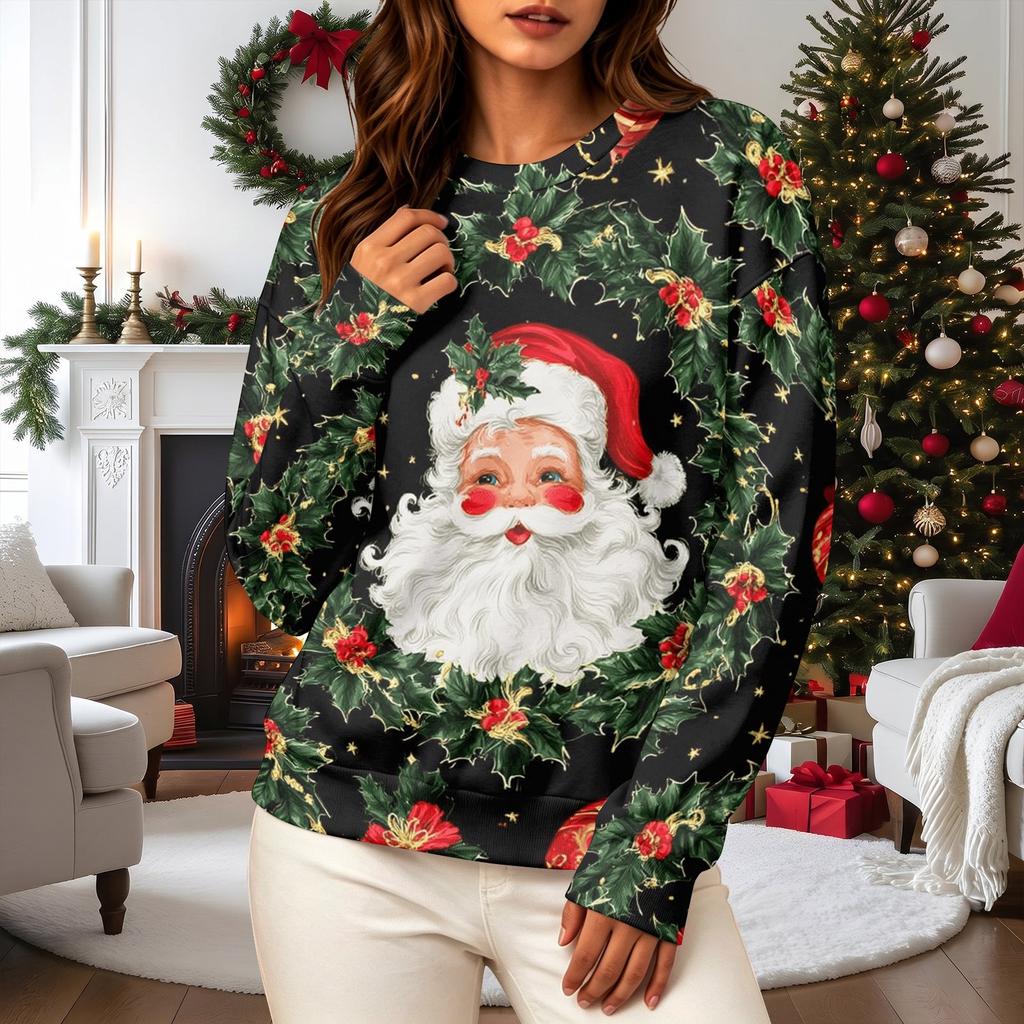 Women's Casual Long Sleeve Christmas Print Neck Pullover Sweatshirt Top