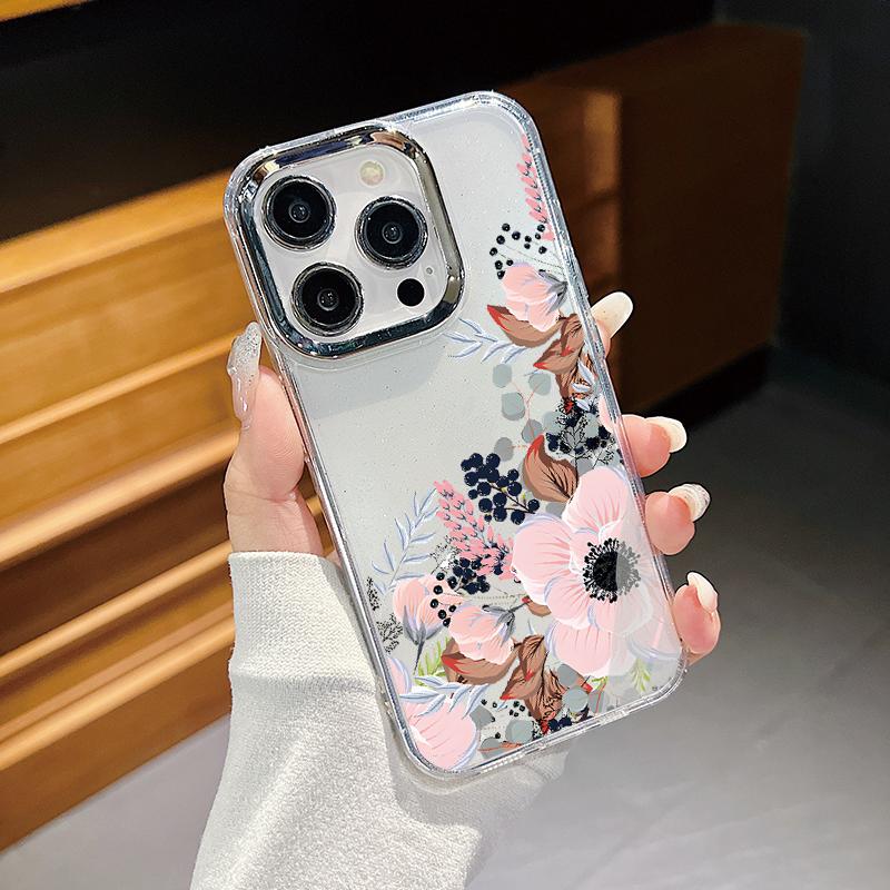 

Для iPhone 16 Pro Max 15 Pro 14 Plus 13 12 Pro Max 11 Покрытие Рамка объектива Ударопрочный Прозрачный Цветочный Узор Мягкий ТПУ Чехол Чехол iPhone 11