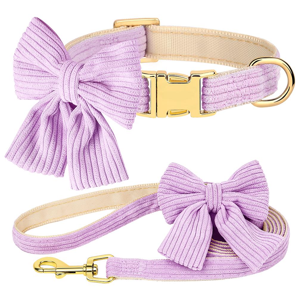 Cute Dog Collar Leash Set With Bowknot Soft Velvet Puppy Dogs Collars Outdoor Pet Walking Lead For Small Medium Dogs Chihuahua