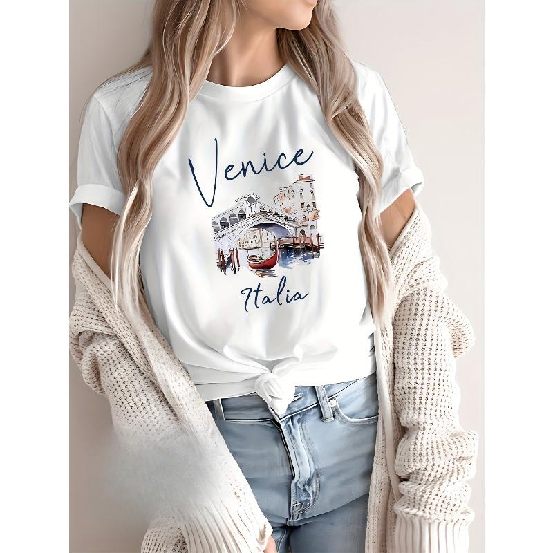 European Size Women's Short-sleeve Top with Artistic Printed Pattern