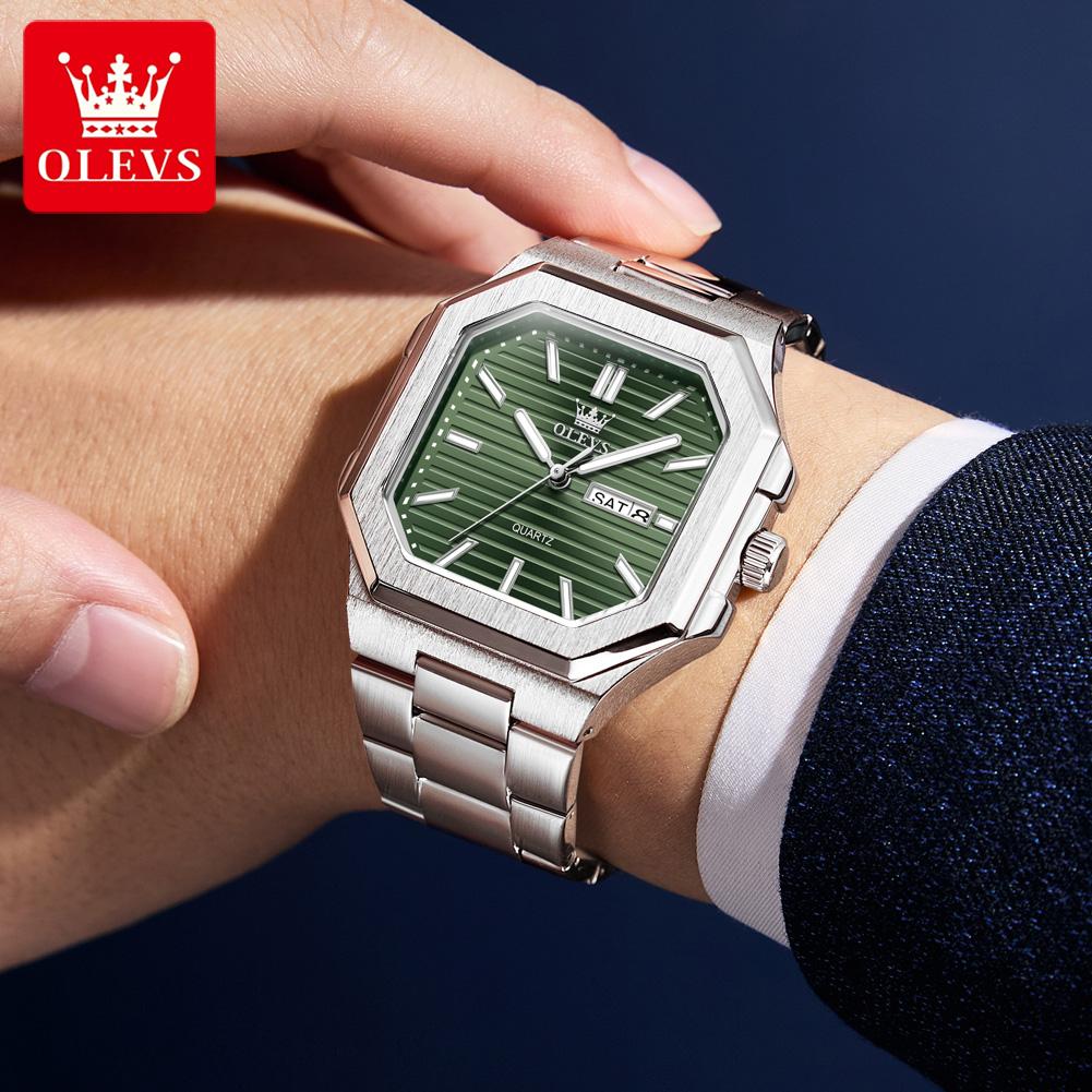 OLEVS 3731 Quartz Wristwatch for Men Stainless Steel Square Dial Fashion Simple Dual Calendar Luminous Waterproof Men's Watches