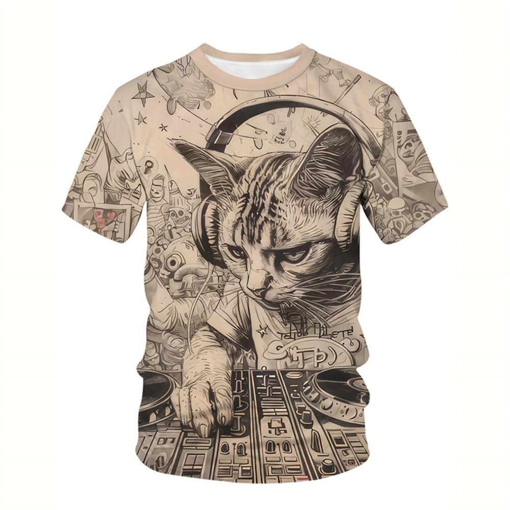 Summer Round Neck 3D Cute Cat Print Top Fashionable Casual Short Sleeved Men's T-shirts