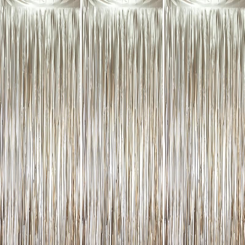 3 Pack 3.3x8.2 Feet Gold Foil Fringe Backdrop Curtains, Tinsel Streamers, Fringe Backdrop for 2025 New Years Eve, Graduation, Birthday, Baby Shower,