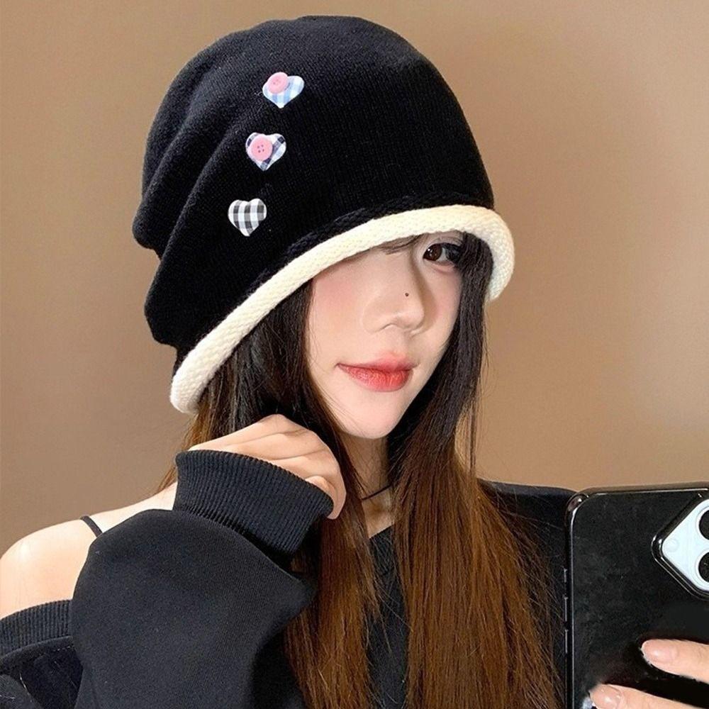 Heart Button Y2k Baggy Cap Vintage Pullover Hats Retro Knitted Beanies Cap  Spring and Autumn