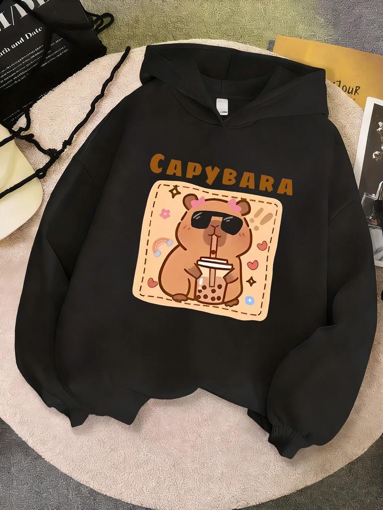 Felpa con Cappuccio Divertente Capibara che Beve Succo per Bambini Felpa Carina per Ragazzi Ragazze Autunno Primavera Felpe Casual