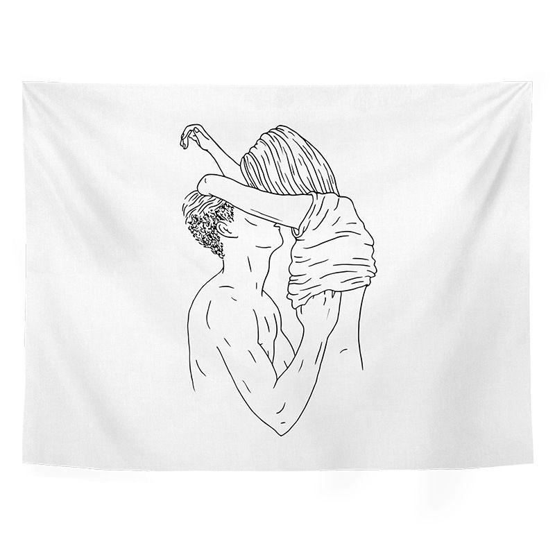 Line Art Couple Hands Heart Wall Tapestry White Background Minimalist Single Stroke Drawing Love Relationship Romantic