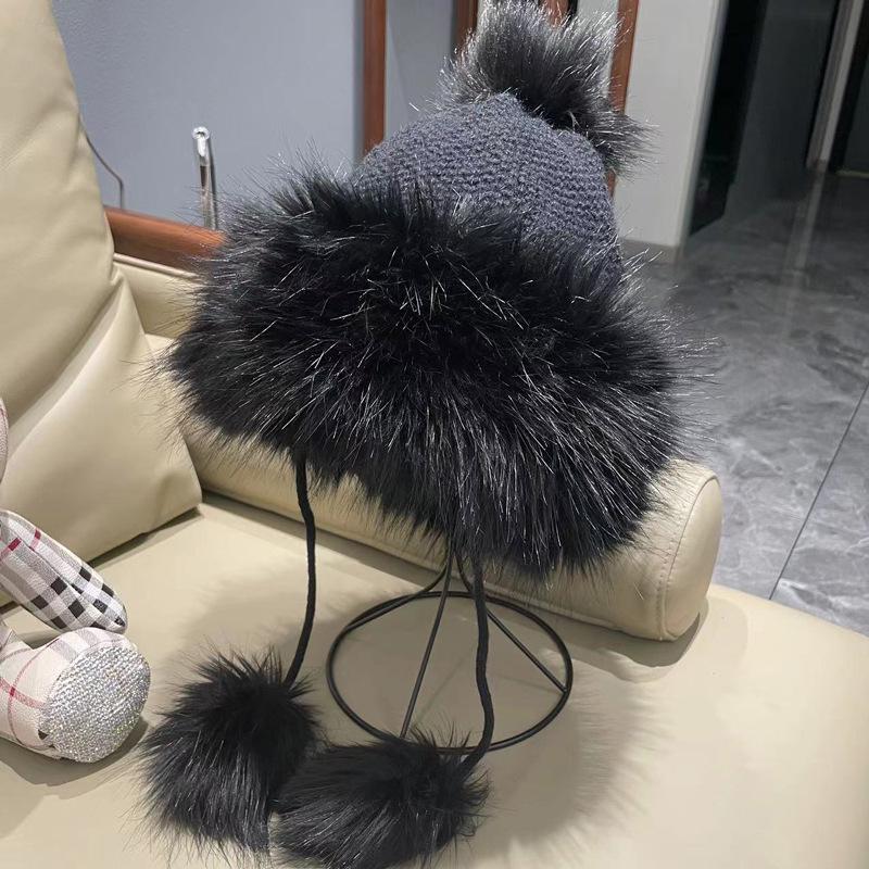 Damen Rote Bommel Strick Lei Feng Mütze - Warmer Samt, Modische Ohrenschutz Skimütze für Weihnachten & Neujahr.