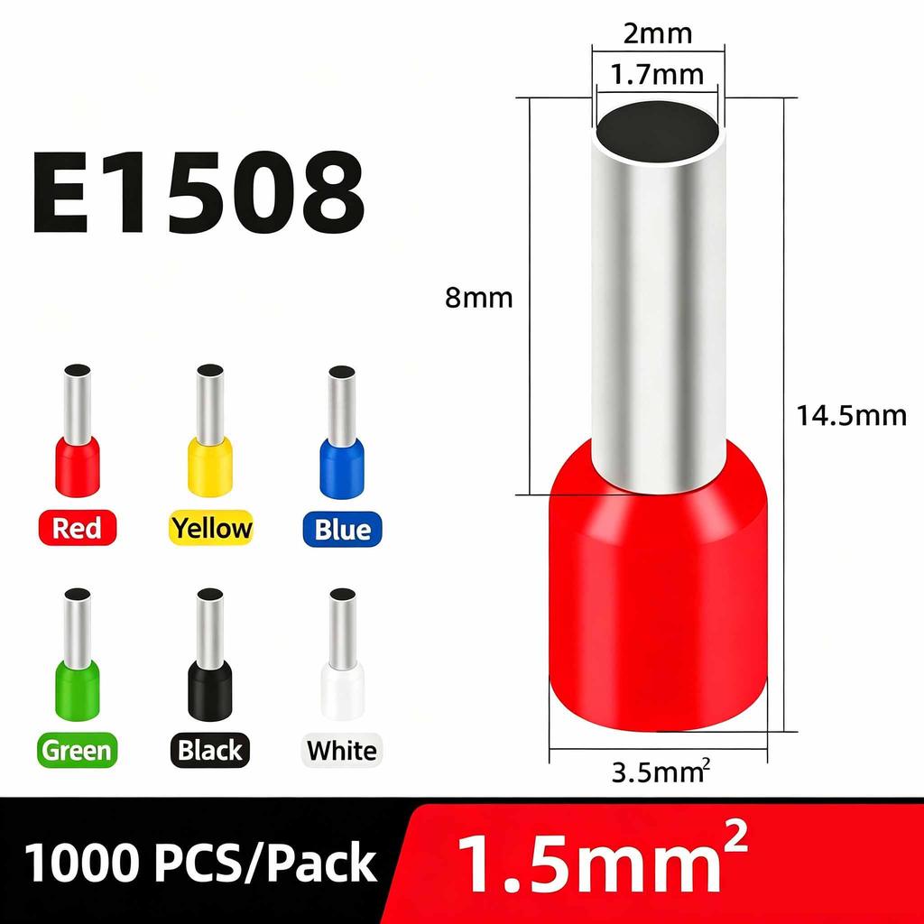 1000PCS Electrical Wire Ferrules Tubular Crimp Cable Terminals Connectors E0508 E1008 E1508 E2508 E4009 E6012 Sleeve Ferrules