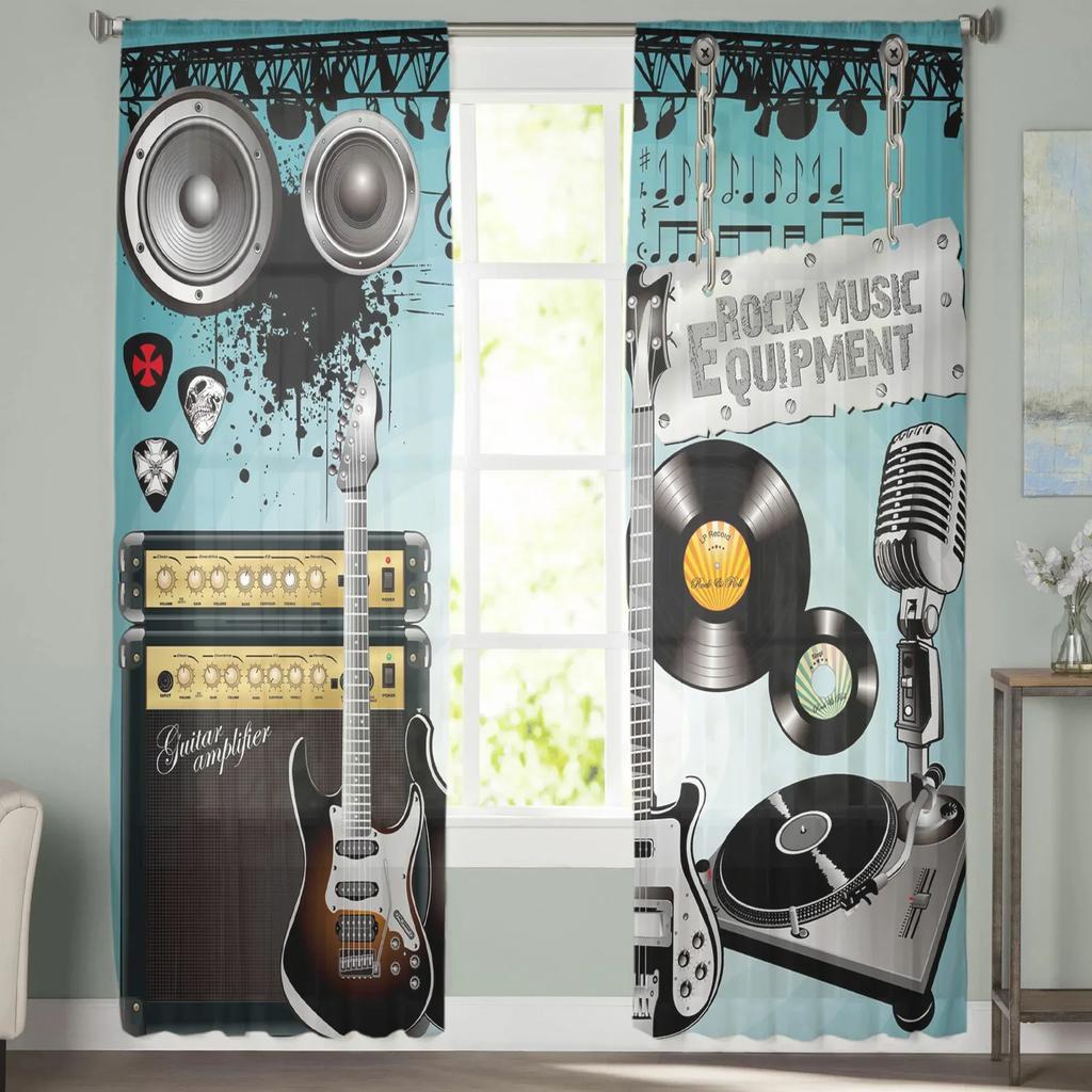 Rock Music Speaker Guitar Tulle Sheer Curtains for Living Room Decoration Window Curtain for Bedroom Voile Organza Drapes