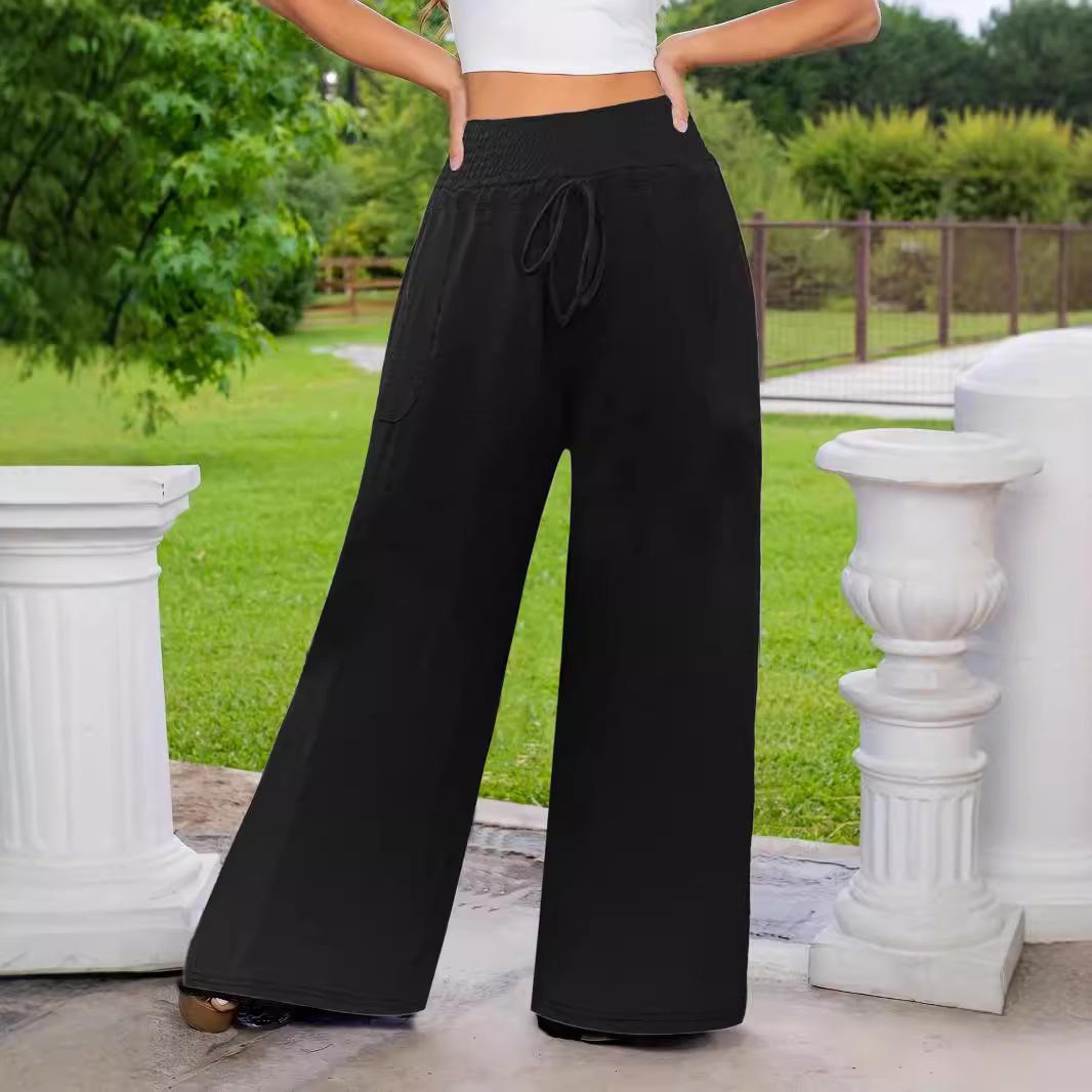Women S Casual Solid Color Wide Leg Pants With Pockets Drawstring S