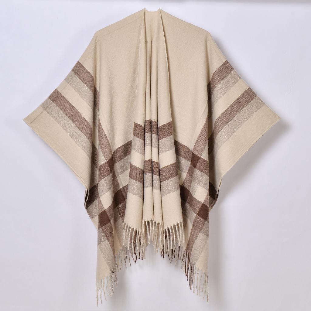 Foreign Trade, New Tassel Split Shawl Autumn and Winter Women's Simple Plaid Jacquard Scarf Cape