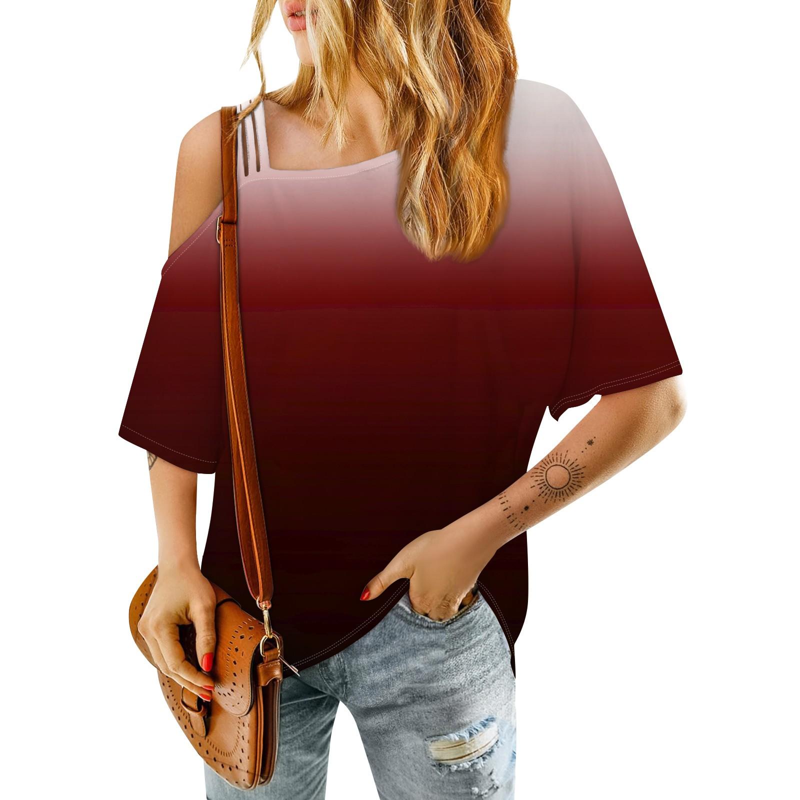 

Женская мода на одно плечо градиентного цвета сексуальная повседневная футболка со средним рукавом XL винный