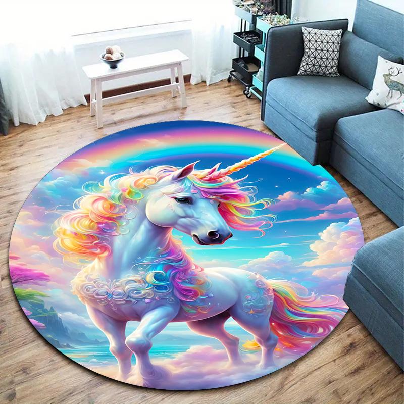 1Pc Cute Unicorn Circular Print Rug - Home Decoration Carpet For Living Room Bedroom Flooring Computer Chair Area Rug