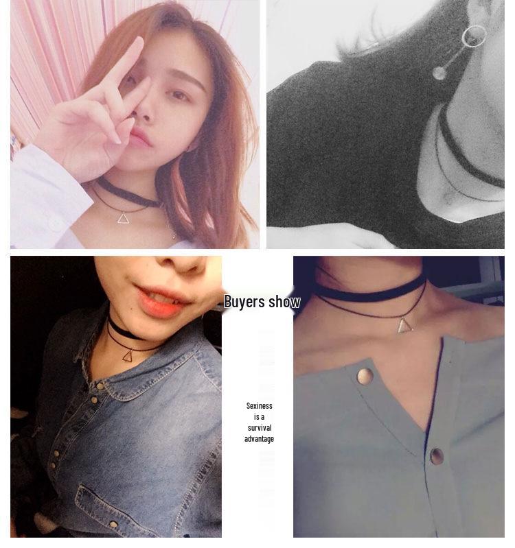 Korean Velvet Triangle Pendant Double Layer Choker Necklace for Women
