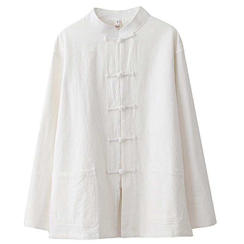 Abito Tang Casual da Uomo in Lino e Cotone, Manica Lunga, Monocolore, Collo Rialzato, Vestibilità Larga