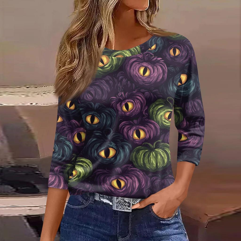 Women's 3/4 Sleeve Loose Fit Casual Shirt Round Neck Halloween Print T-Shirt Top for Everyday Wear