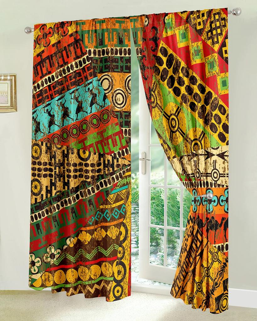 3D-Druck Personalisierte Vintage Boho Halbschattenvorhänge für Wohnzimmer 2 Stück Kostenloser Versand Schlafzimmer Schwarz&Rot Vorhänge