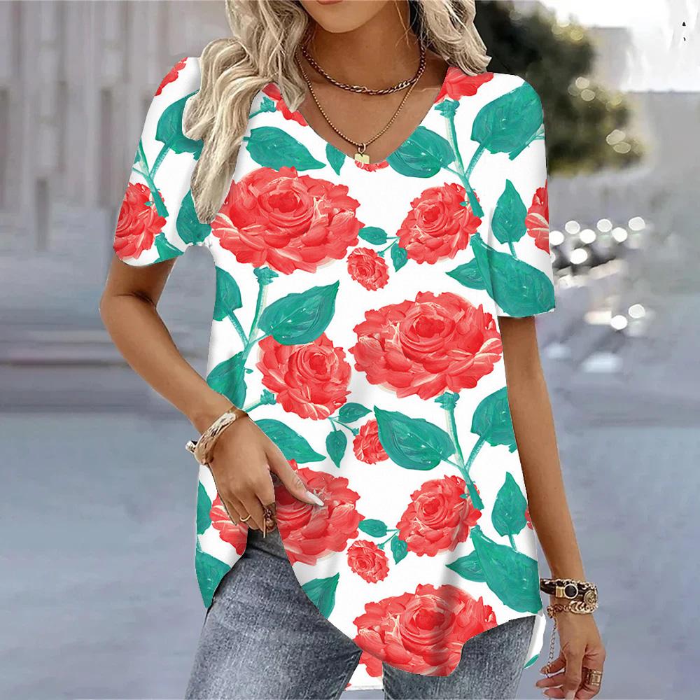 New 3D Floral Printed Women Short Sleeves Tops Fashion Casual Breathable T-shirts Tops Summer Ladies V-neck Tees Shirts Blouse