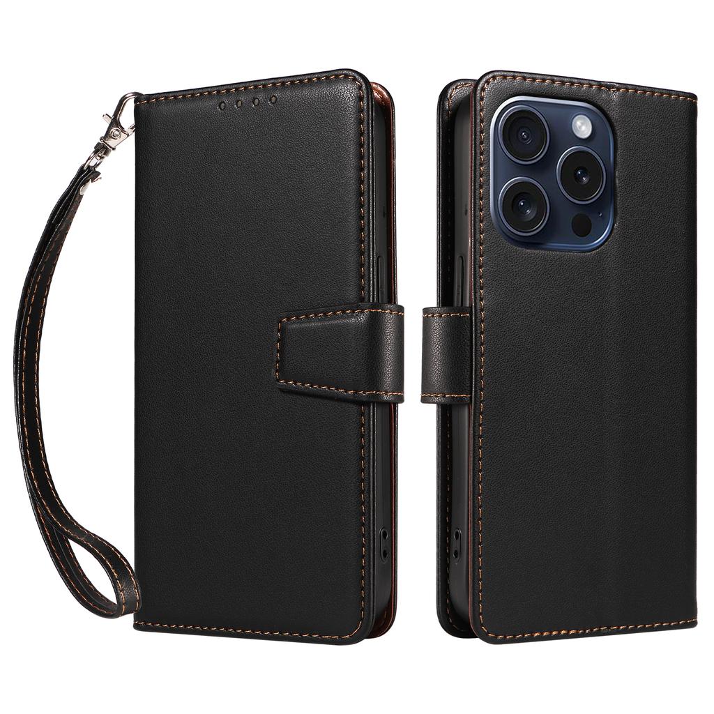 For iPhone 15 Pro Case RFID Blocking PU Leather Wallet Flip Phone Cover with Wrist Strap