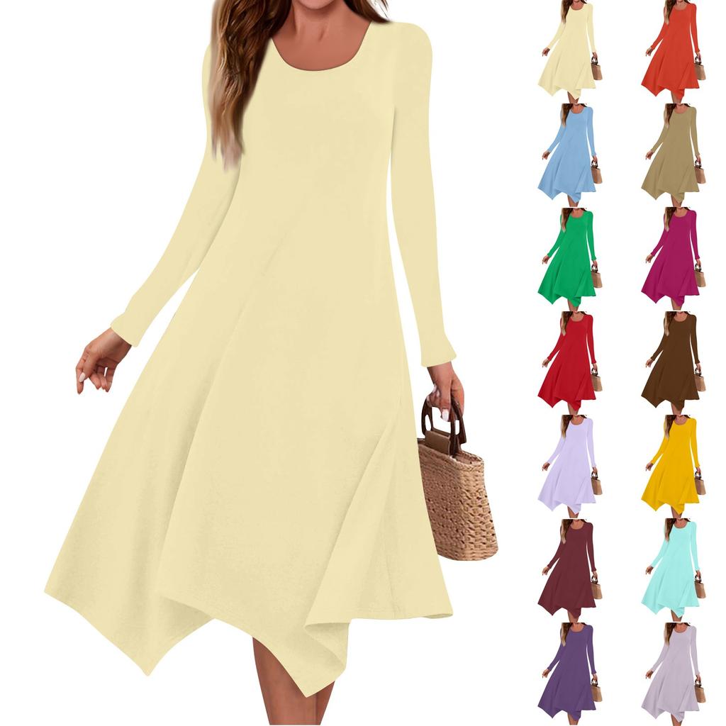 Women's Casual Fashion Round Neck Long Sleeve Solid Color Irregular Hem Midi Dress