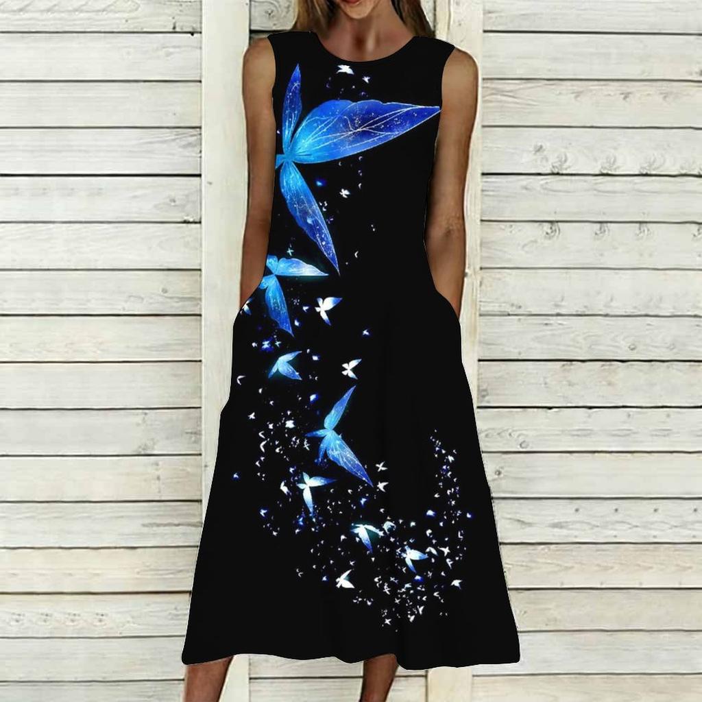 Plus Size Sleeveless Crew Neck Dress Fresh Wild Blossom Print Flowy Knee Length Outfit