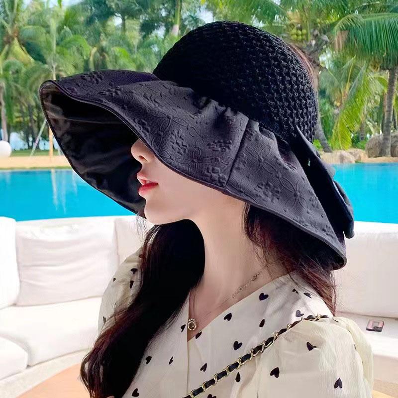 Summer Straw Hat for Women Summer UV Protection Wide Brim Big Bowknot Dome Basin Cap Girls Elegant Travel Outdoor Hat