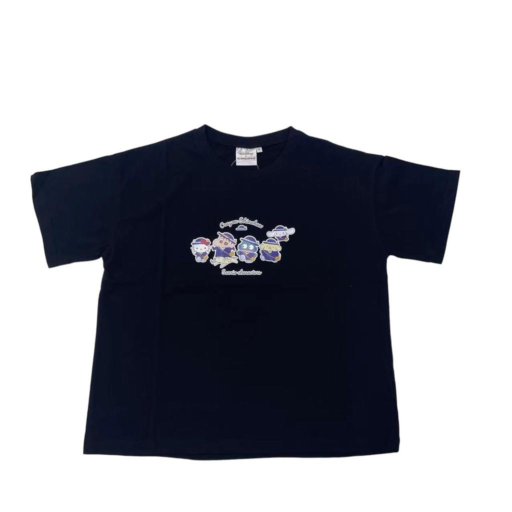 Casual Crayon Collaboration Short Sleeve Hello Kitty Hangyodon Pompompurin Cinnamoroll Crayon Shiro Black [Sanrio] Shin-chan T-Shirt Shin-chan Women's
