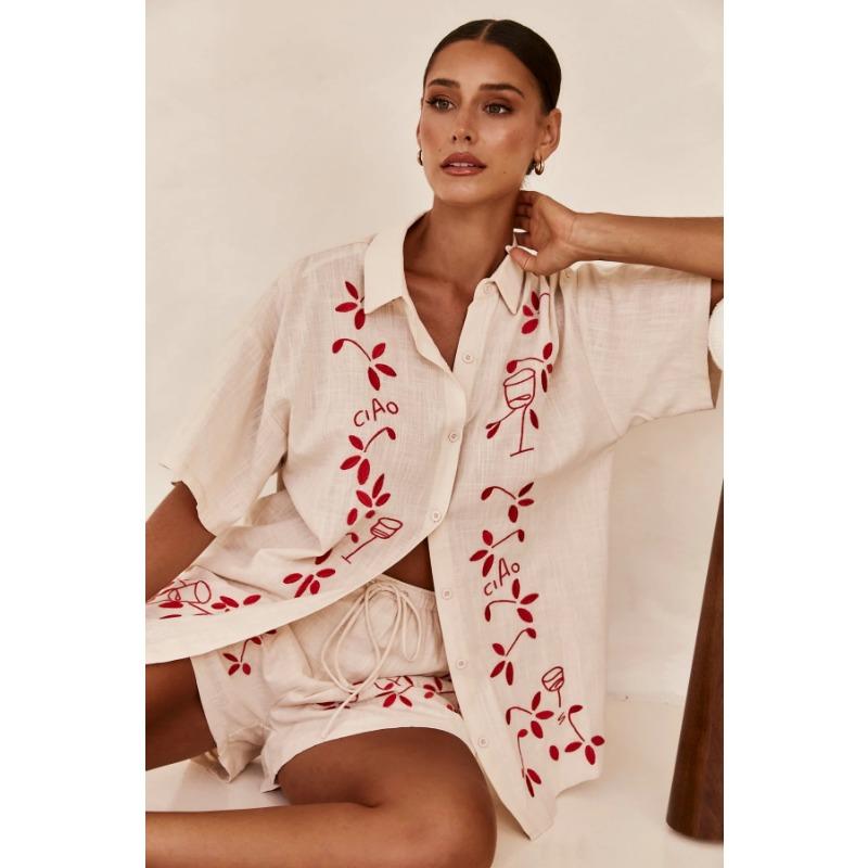 VEZFAA Women's Fashion Casual Summer Spring Flower Pattern Print Short Sleeve POLO Neck Trousers Pants Suits