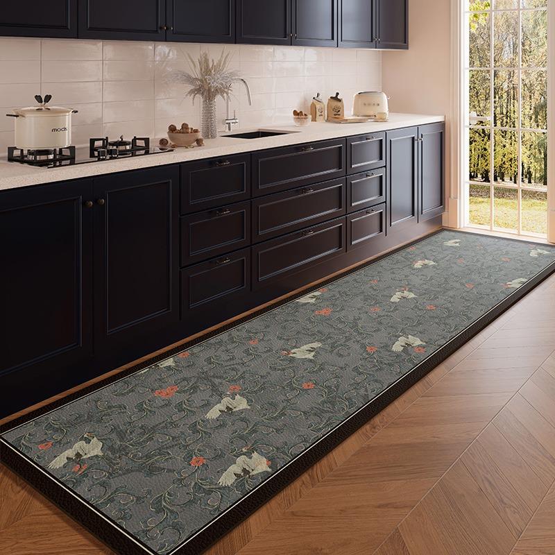 Kitchen Floor Mat Retro Floral PVC Waterproof Non-slip Foot Pads Balcony Rug Home Decoration Carpet Leather Anti-slip Mats