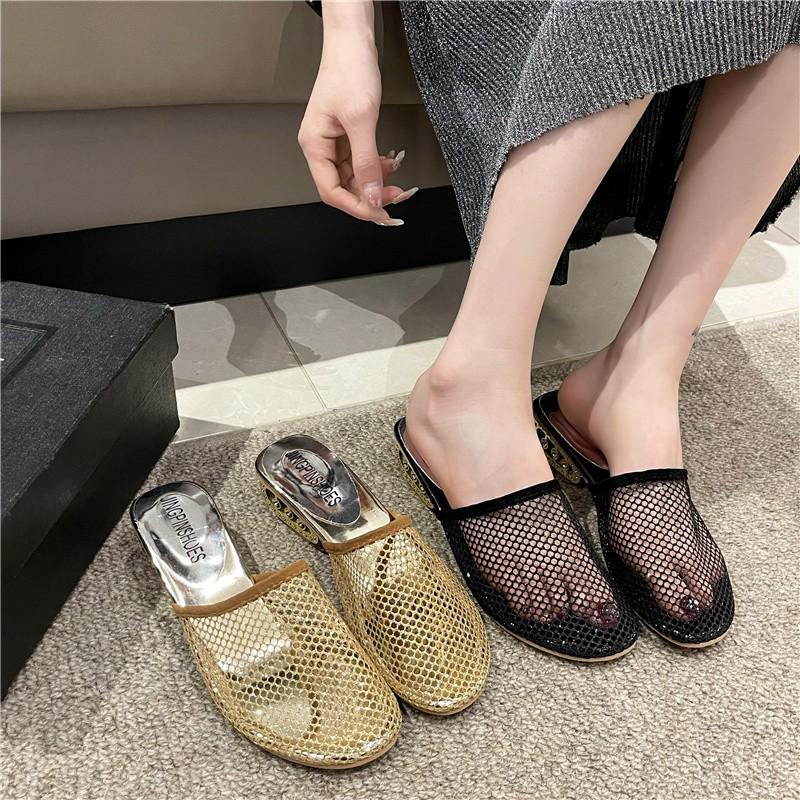 Fashion Women Slingback Slippers Casual Mid Heels Shoes Fashion Mesh Cozy Pumps Woman Dress Sandals 2025 Summer New Zapatillas De Mujer