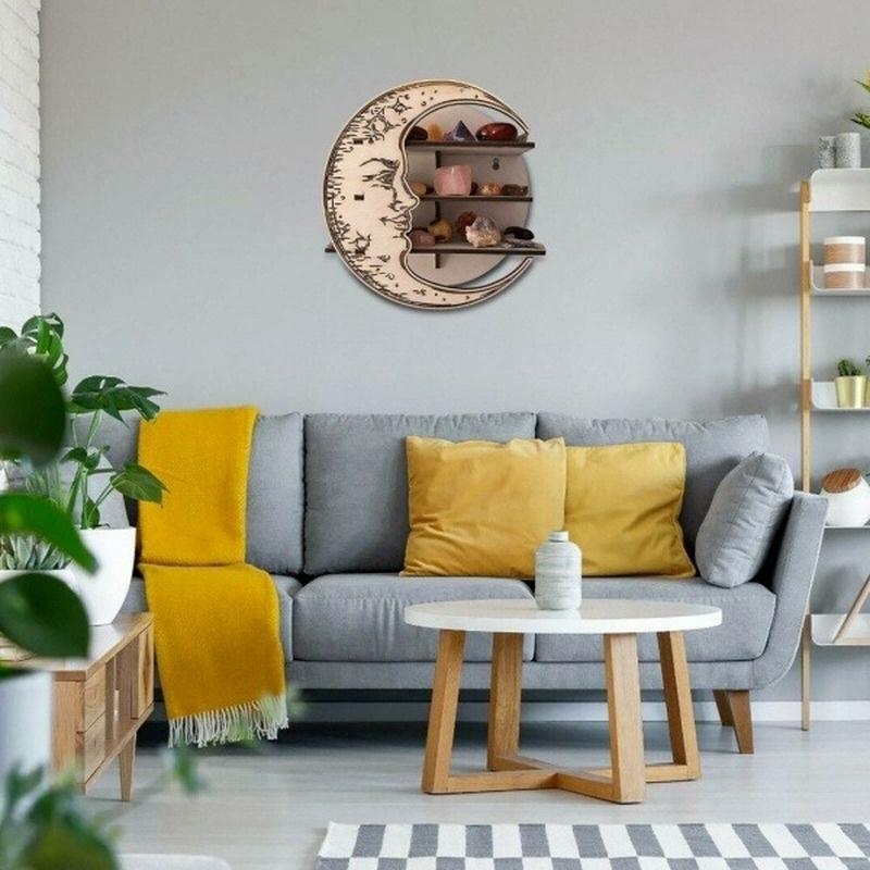 Antyczny, montowany na ścianie kryształowy wyświetlacz Półka w kształcie księżyca Kryształowy stojak, dekoracja ścienna Drewniany stojak Półka na olejki eteryczne Sypialnia