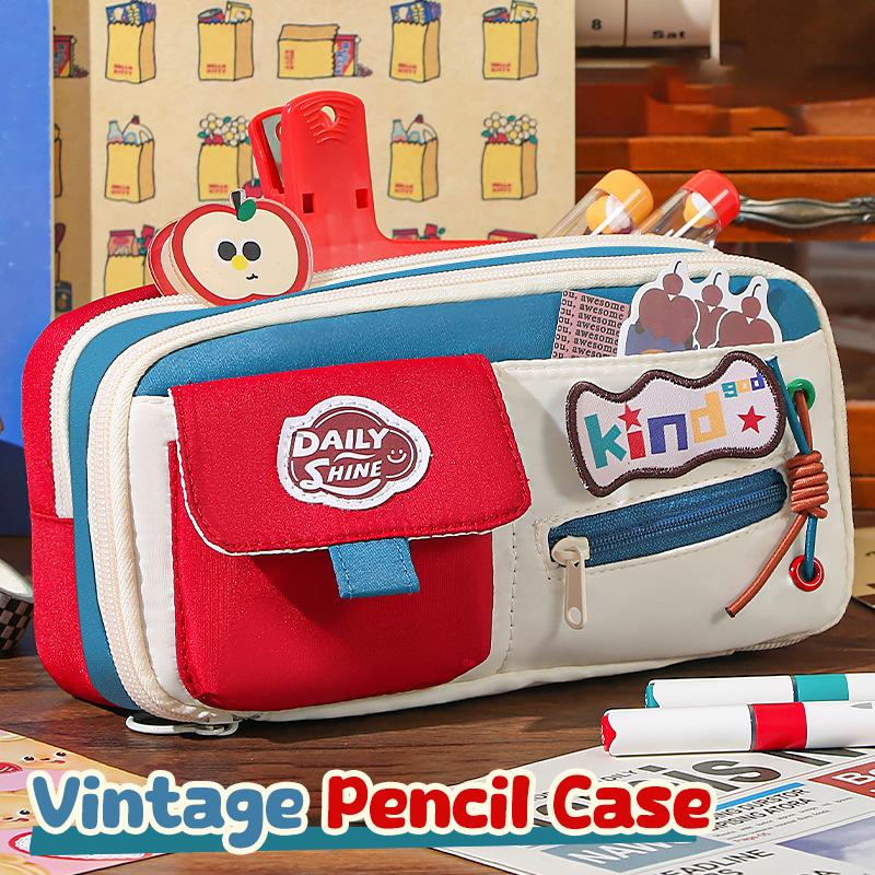 Estojo de Lápis Vintage Estilo Americano Grande Capacidade Color-Block - Organizador Multiuso de Suprimentos e Acessórios Para Aprendizagem
