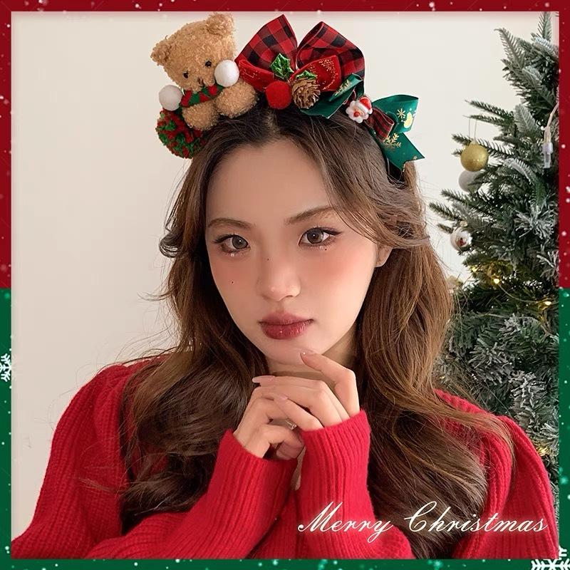Christmas Red Antler & Cartoon Bear Rabbit Ears Headband for Women & Children
