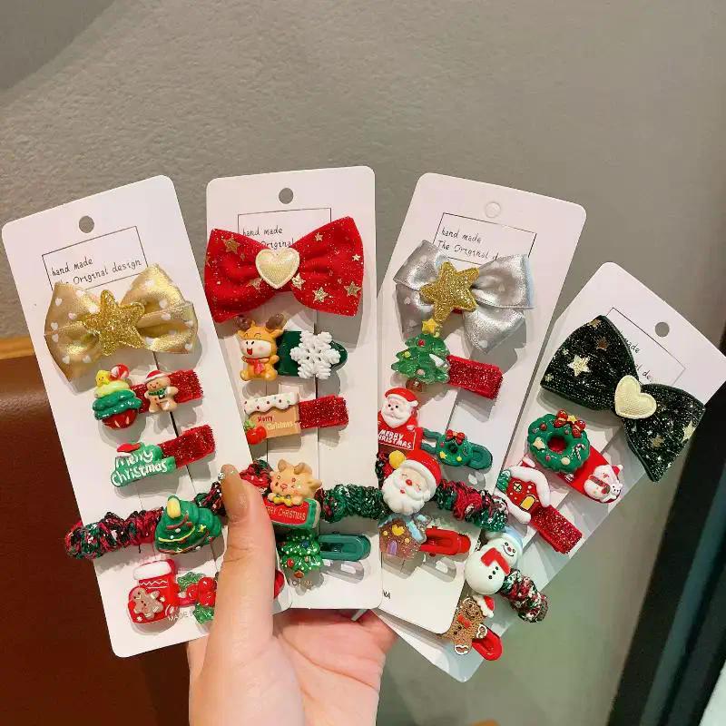 Christmas Special 5Pcs/Set Hair Accessories, Featuring Santa, Snowman, Elk Clips & Ties for Children