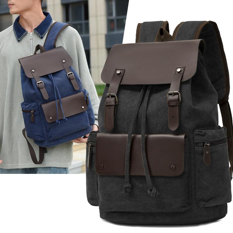 Vintage Canvas Backpack Men Large Capacity Drawstring Rucksack Casual Travel School Backpack Retro Daypack for College Students