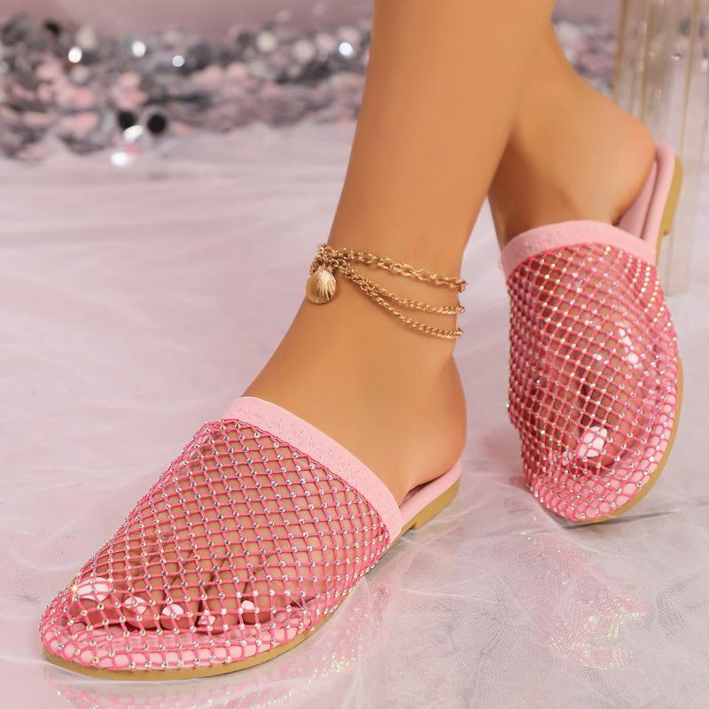 Pantofi de vară pentru femei, cu talpă moale, cu toc jos, stil străin, versatile, cu strasuri, papuci cu cap de plajă