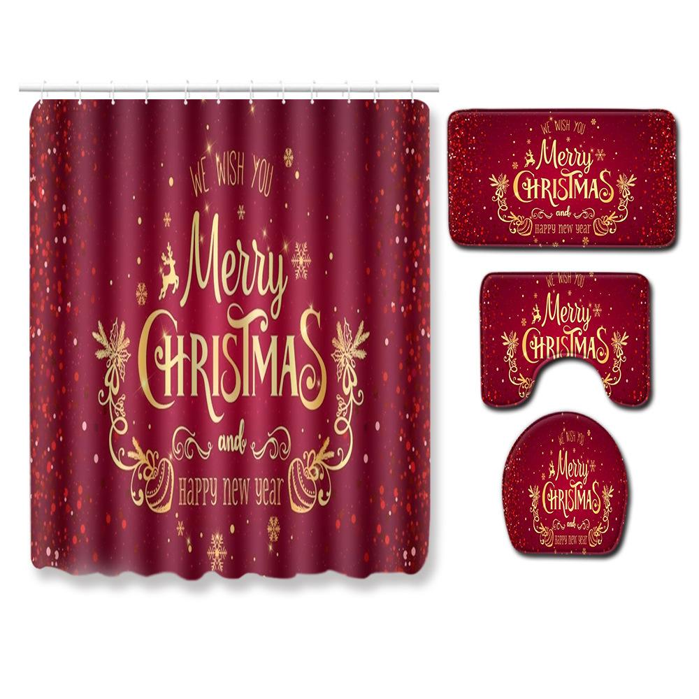 Christmas Toilet Seat Shower Curtain Four-Piece Printed Floor Mat Set Bathroom Floor Mat Bedroom Absorbent Door Mat Carpet