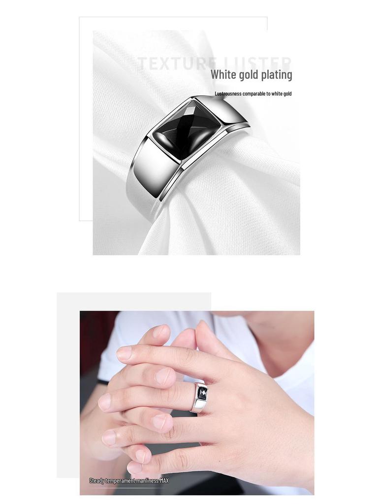 925 Sterling Silver Men's & Women's Open Ring with Black Agate - Elegant and Unique Design