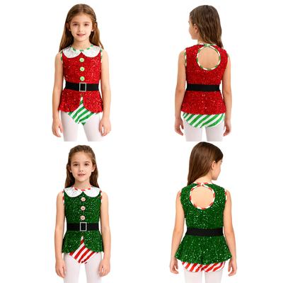 Disfraz de Duende Navideño para Niña Caramelo Rayado Cosplay Rendimiento Lentejuelas Rayado Patinaje Artístico Piruetas Ballet Tutú Maillot Vestido