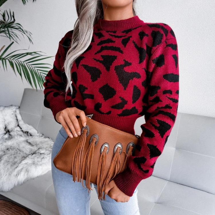 Women Autumn Winter Leopard Print Knitted Crop Sweater Long Sleeve O Neck Nipped Tops Sizes S To L