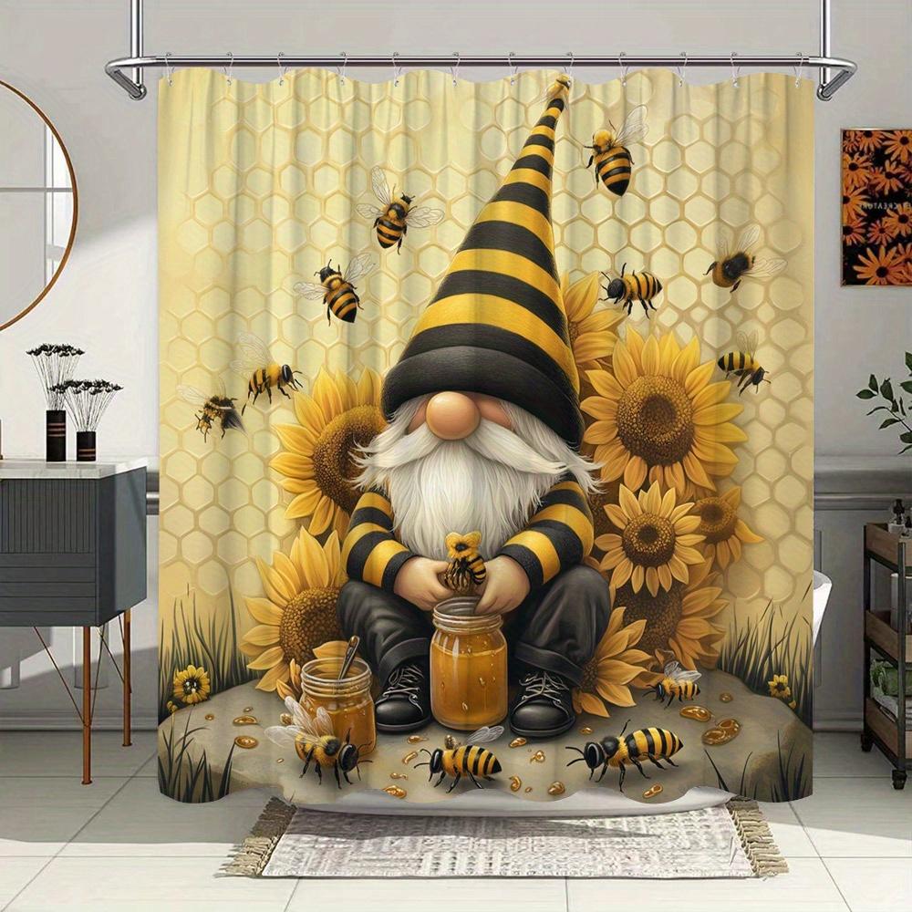 

Adorable Beekeeper Gnome Shower Curtain - Waterproof, Mildew-Resistant With Sunflower And Honeycomb Design For A Fun Bathroom W60H190(CM)-1 Pcs