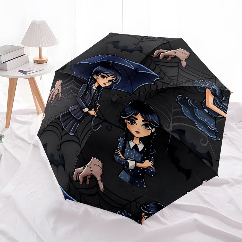 1pc Wednesday Addams Gothic Horror Automatic Folding Umbrella, Durable Plastic & Iron, Lightweight for Outdoor Daily Use  015