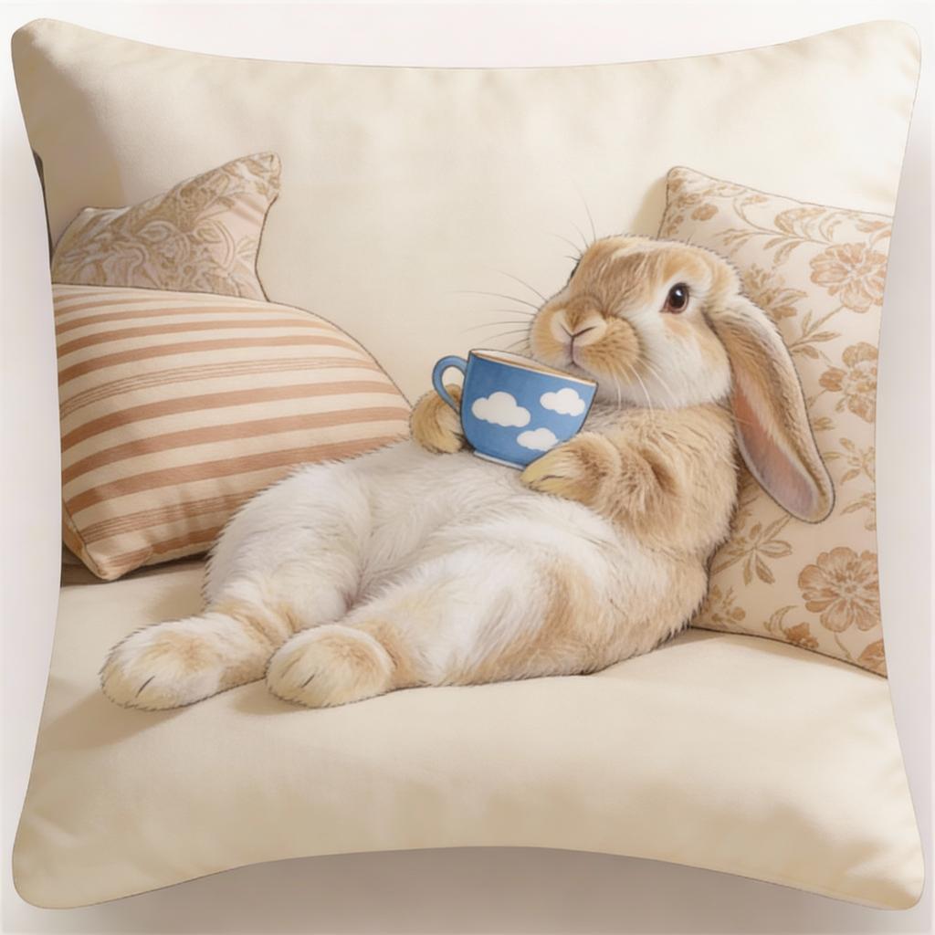 Adorable Bunny With Coffee Cup Print Pillowcase - Home Decor, Perfect For Living Room And Bedroom, Ideal Gift For Animal Lovers