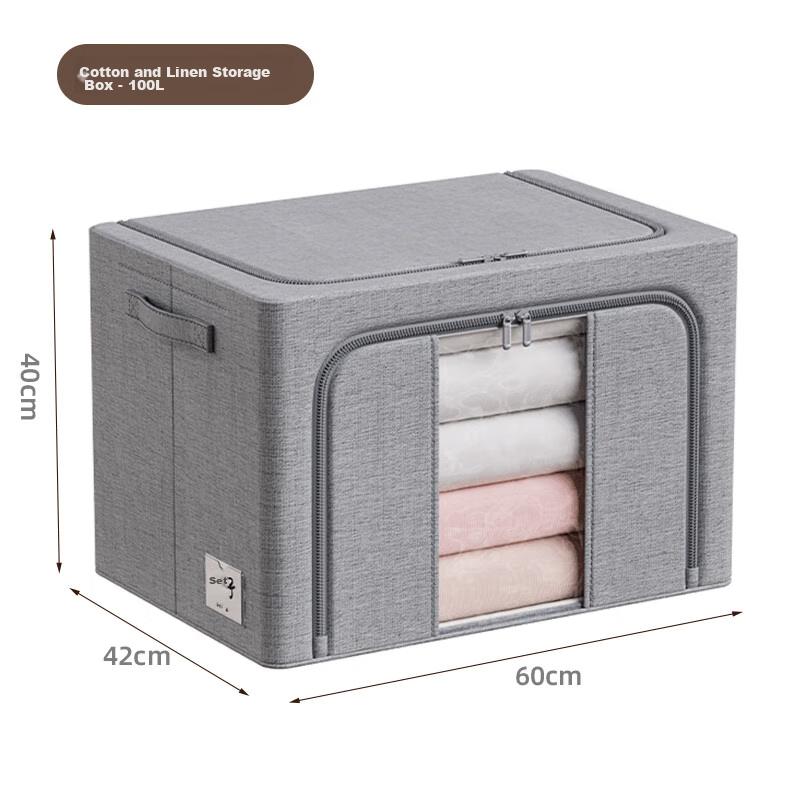 Bangnimeijia Tianshan Cotton And Linen Antibacterial Clothing Storage Box, Foldable Wardrobe Organizer for Clothes And Quilts, Misty Gray, 100L