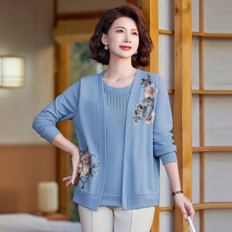 Mother's Spring Dress Fashionable Top Thin Fake Two-piece Knitted Cardigan Middle-aged and Elderly Women's Spring and Autumn Embroidered Shirt