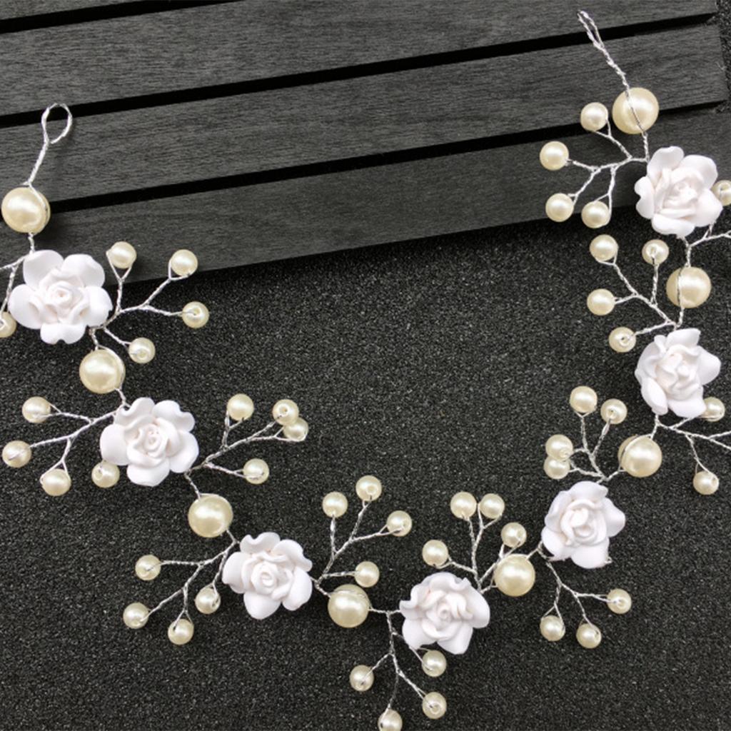 Bridal White Flower Headband Soft Ceramic Rose Headdress Pearls Hair Vine for Banquet Wedding Masquerade