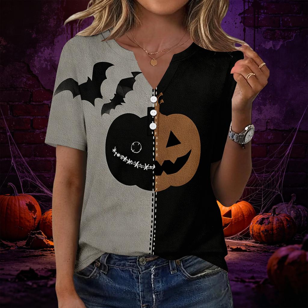 Women’s Fashion Casual Halloween Print V Neck Short Sleeve Decorative Button T Shirt Top for Autumn Daily Wear