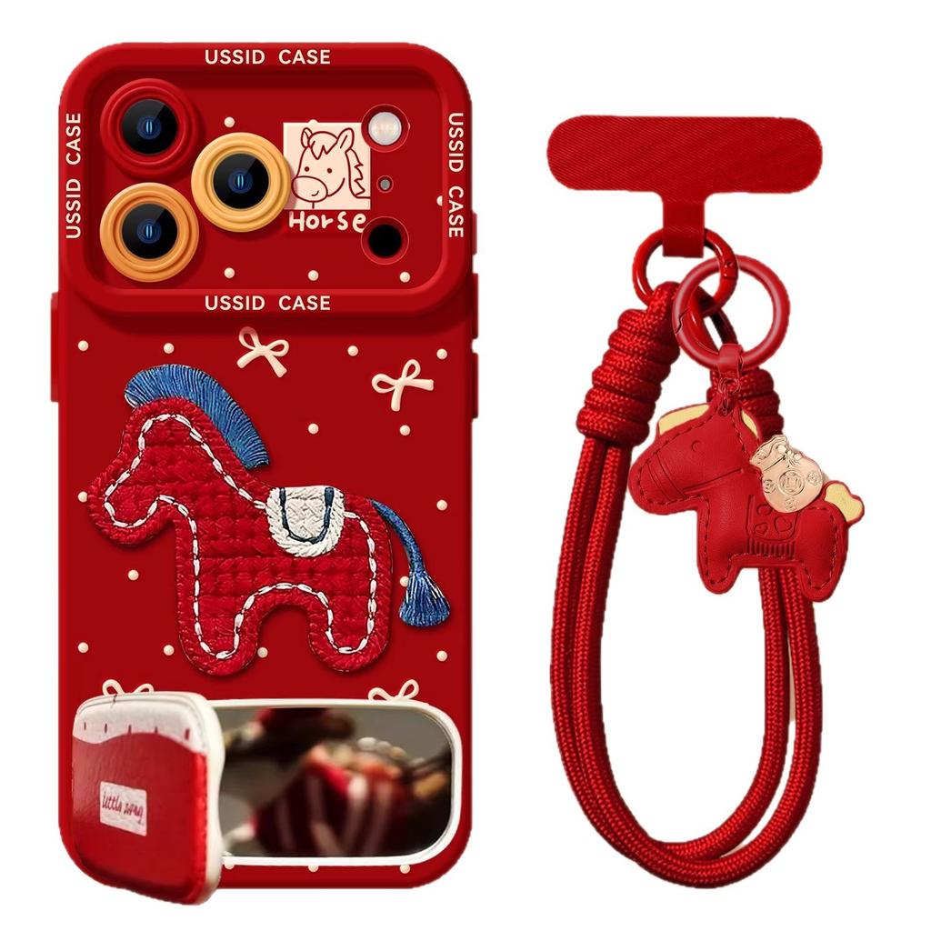 Red Embroidered Three-dimensional Pony for Apple 17pm New Year's 16 Pro Year of the Horse 15 Women 14 Soft 13 Sets of Mobile Phone Cases